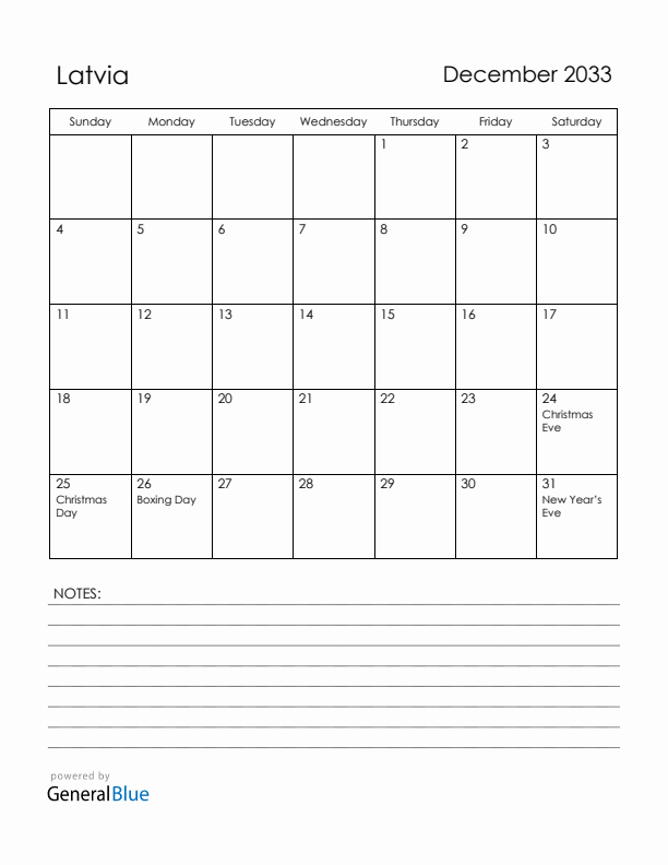 December 2033 Latvia Calendar with Holidays (Sunday Start)