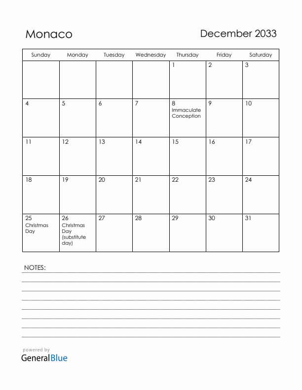 December 2033 Monaco Calendar with Holidays (Sunday Start)