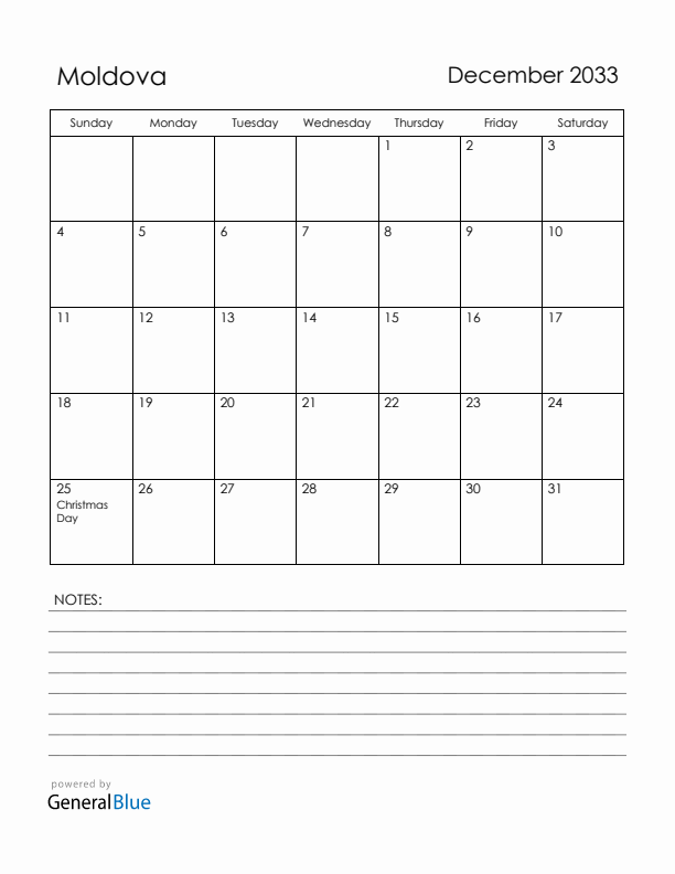 December 2033 Moldova Calendar with Holidays (Sunday Start)