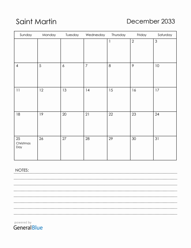December 2033 Saint Martin Calendar with Holidays (Sunday Start)
