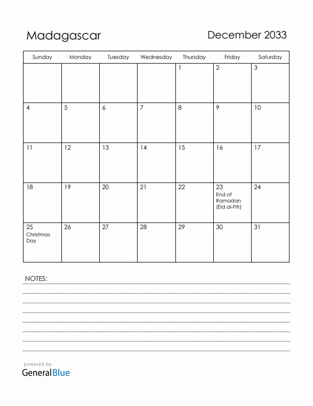 December 2033 Madagascar Calendar with Holidays (Sunday Start)