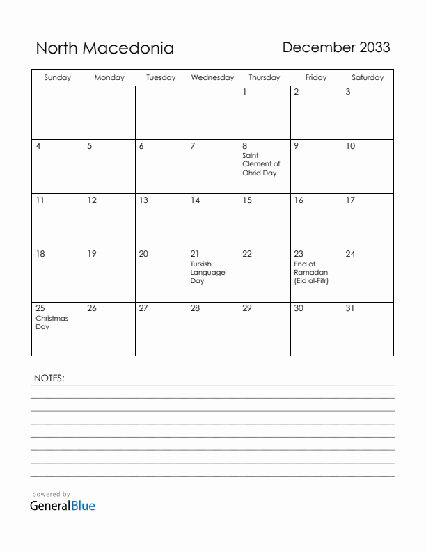 December 2033 North Macedonia Calendar with Holidays (Sunday Start)