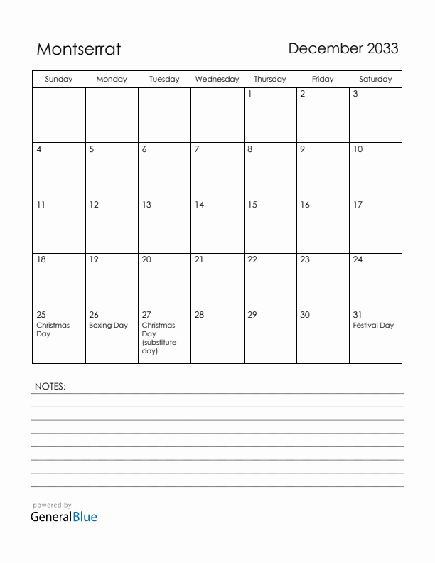 December 2033 Montserrat Calendar with Holidays (Sunday Start)