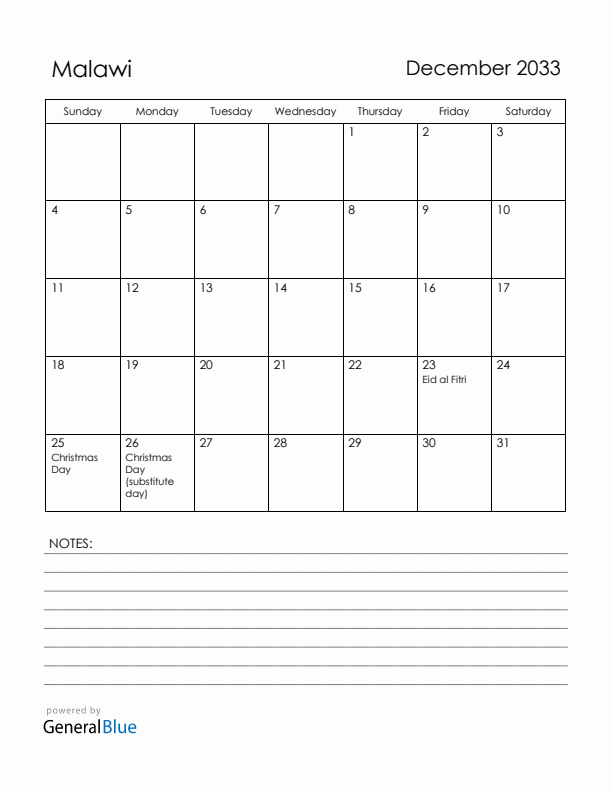 December 2033 Malawi Calendar with Holidays (Sunday Start)