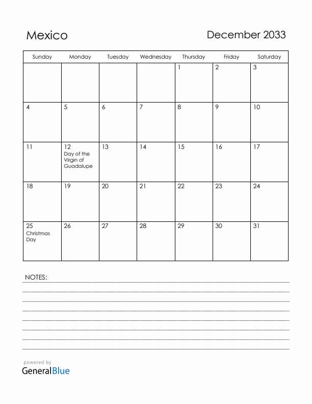 December 2033 Mexico Calendar with Holidays (Sunday Start)