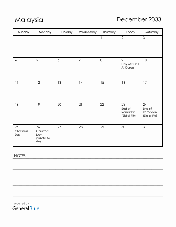 December 2033 Malaysia Calendar with Holidays (Sunday Start)