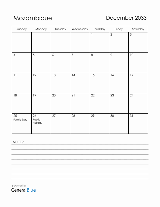 December 2033 Mozambique Calendar with Holidays (Sunday Start)