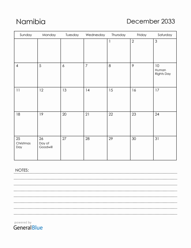 December 2033 Namibia Calendar with Holidays (Sunday Start)