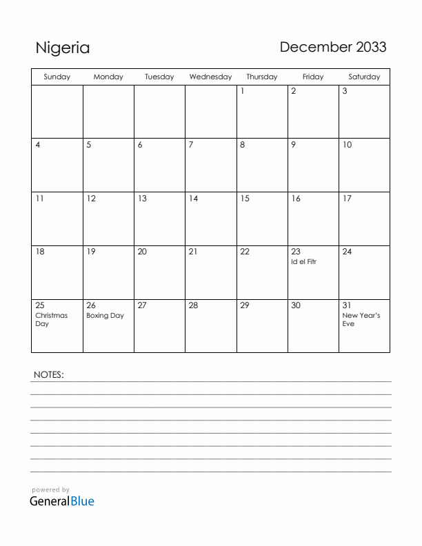 December 2033 Nigeria Calendar with Holidays (Sunday Start)
