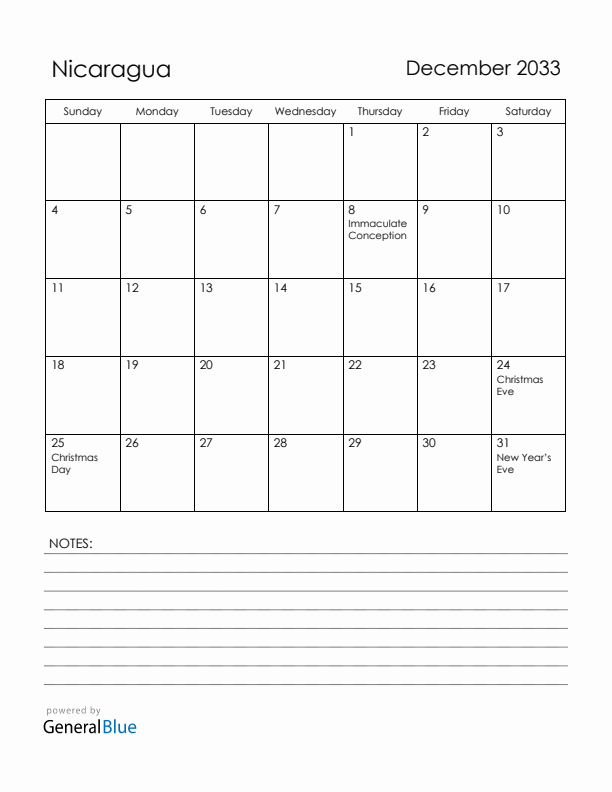 December 2033 Nicaragua Calendar with Holidays (Sunday Start)