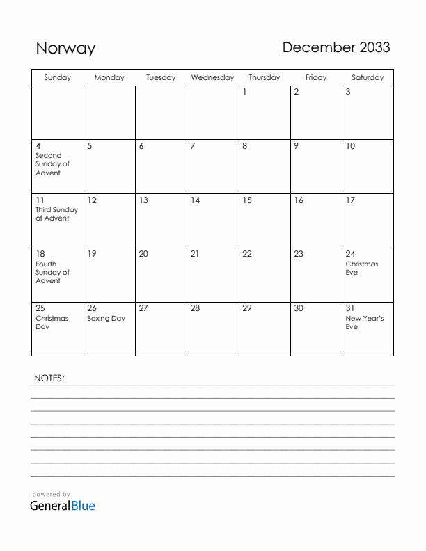 December 2033 Norway Calendar with Holidays (Sunday Start)