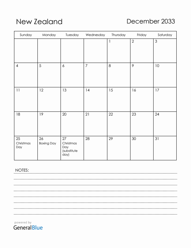December 2033 New Zealand Calendar with Holidays (Sunday Start)