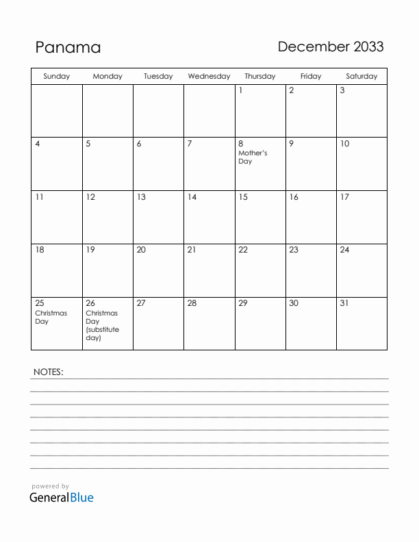 December 2033 Panama Calendar with Holidays (Sunday Start)