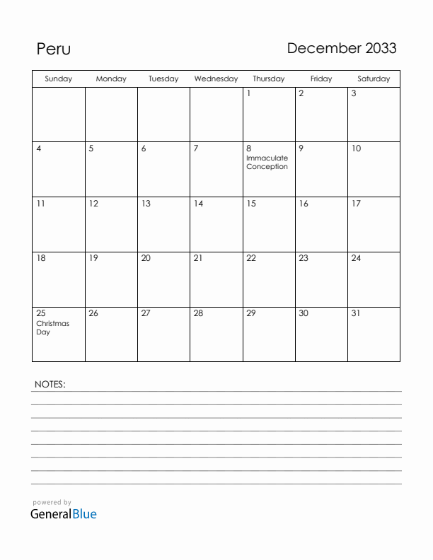 December 2033 Peru Calendar with Holidays (Sunday Start)