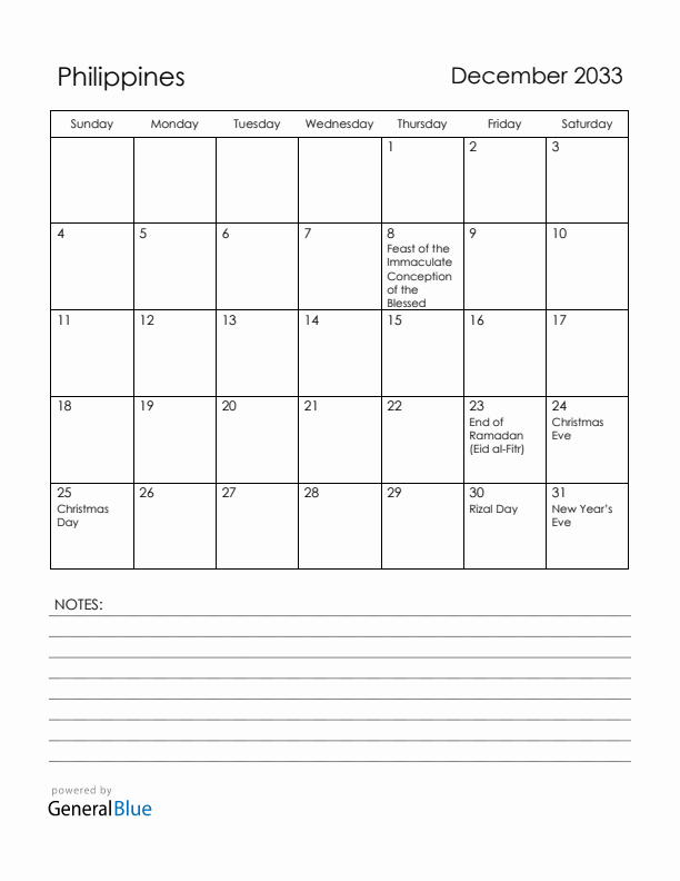 December 2033 Philippines Calendar with Holidays (Sunday Start)