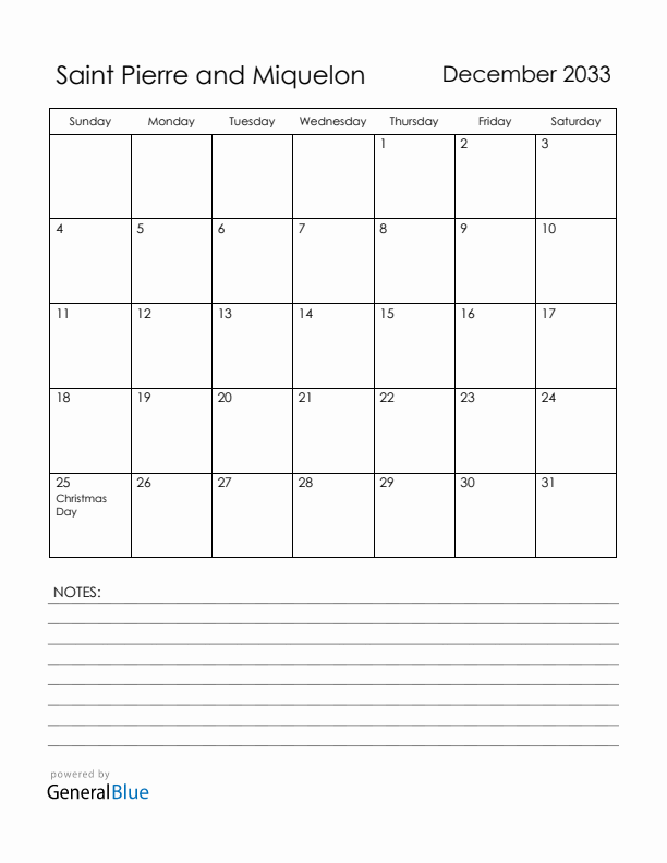December 2033 Saint Pierre and Miquelon Calendar with Holidays (Sunday Start)