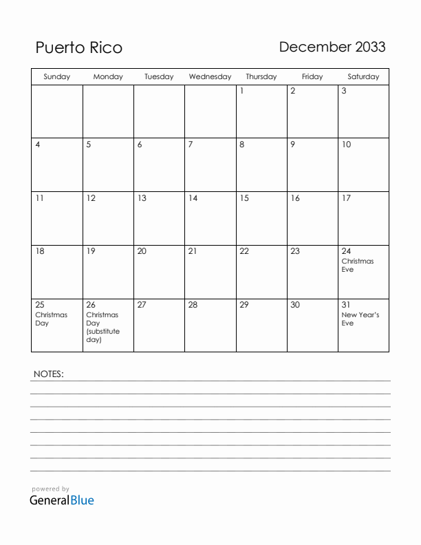 December 2033 Puerto Rico Calendar with Holidays (Sunday Start)