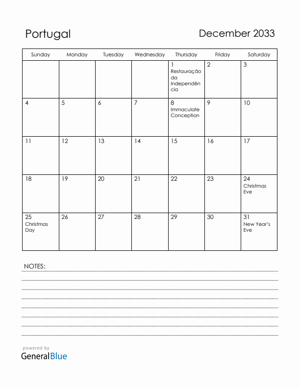 December 2033 Portugal Calendar with Holidays (Sunday Start)
