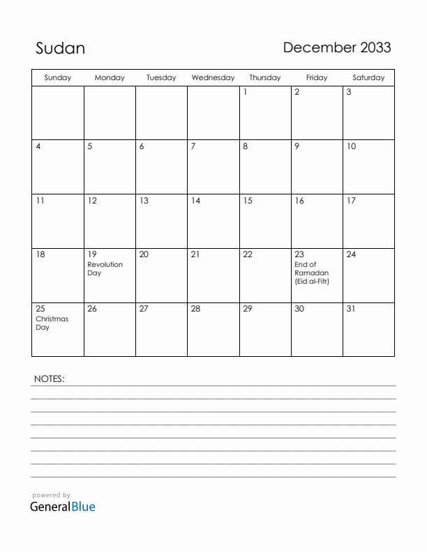 December 2033 Sudan Calendar with Holidays (Sunday Start)