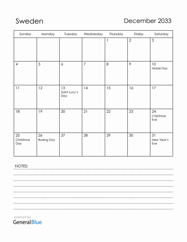 December 2033 Sweden Calendar with Holidays (Sunday Start)