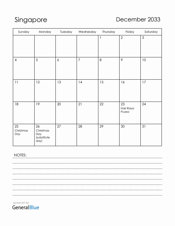 December 2033 Singapore Calendar with Holidays (Sunday Start)
