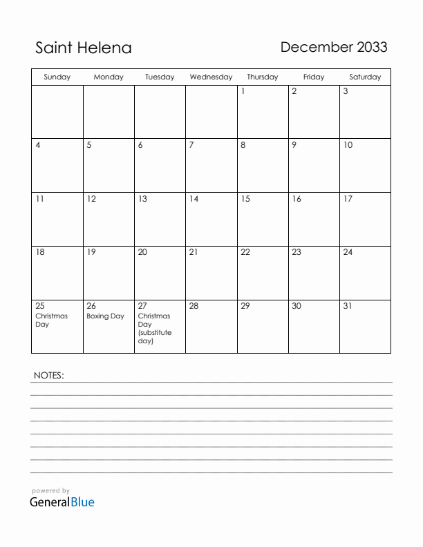 December 2033 Saint Helena Calendar with Holidays (Sunday Start)