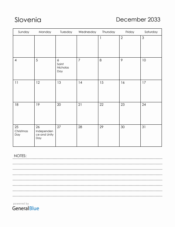 December 2033 Slovenia Calendar with Holidays (Sunday Start)