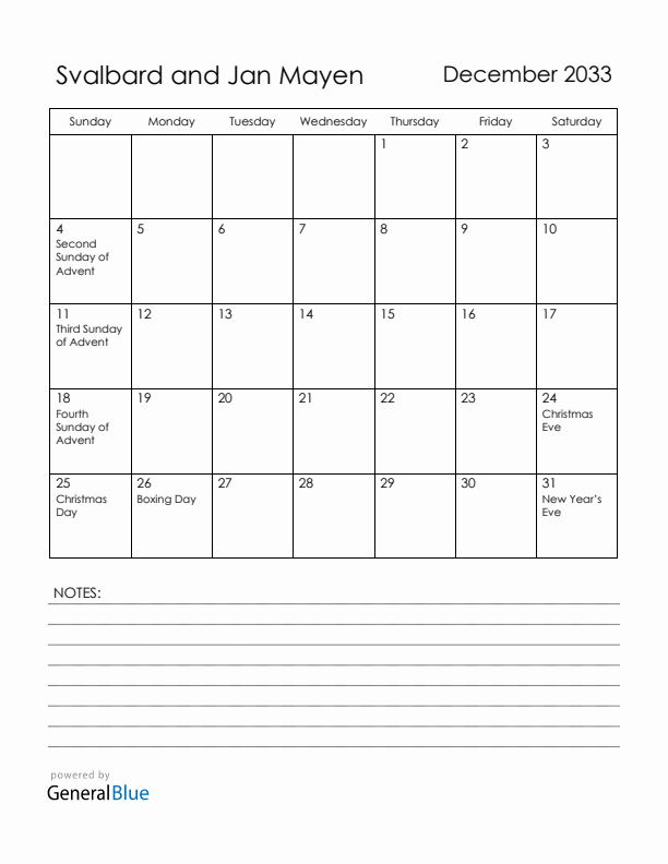 December 2033 Svalbard and Jan Mayen Calendar with Holidays (Sunday Start)