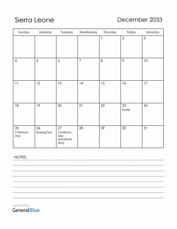 December 2033 Sierra Leone Calendar with Holidays (Sunday Start)