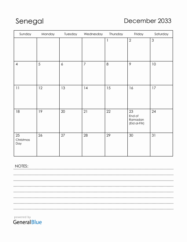December 2033 Senegal Calendar with Holidays (Sunday Start)