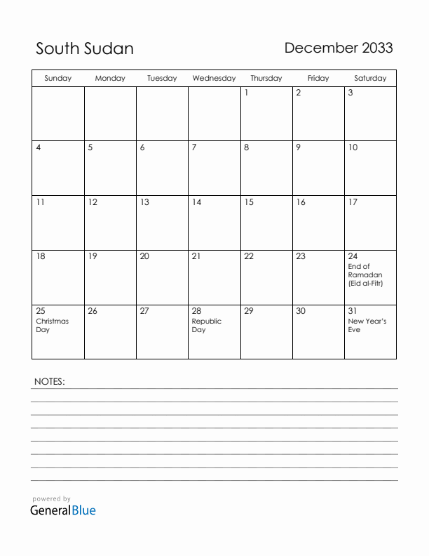 December 2033 South Sudan Calendar with Holidays (Sunday Start)