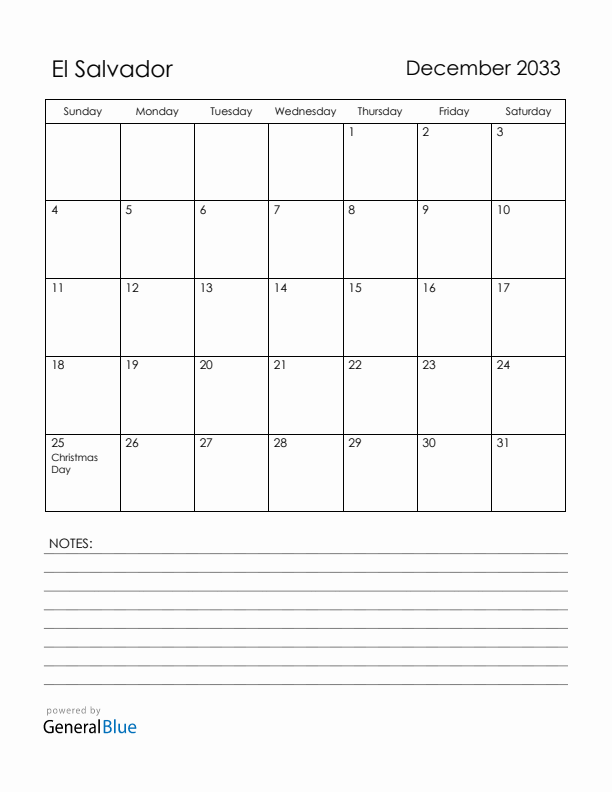 December 2033 El Salvador Calendar with Holidays (Sunday Start)