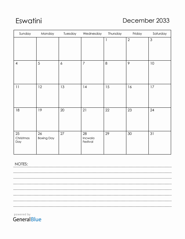 December 2033 Eswatini Calendar with Holidays (Sunday Start)