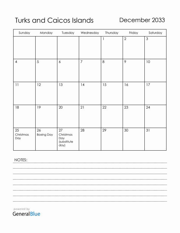 December 2033 Turks and Caicos Islands Calendar with Holidays (Sunday Start)