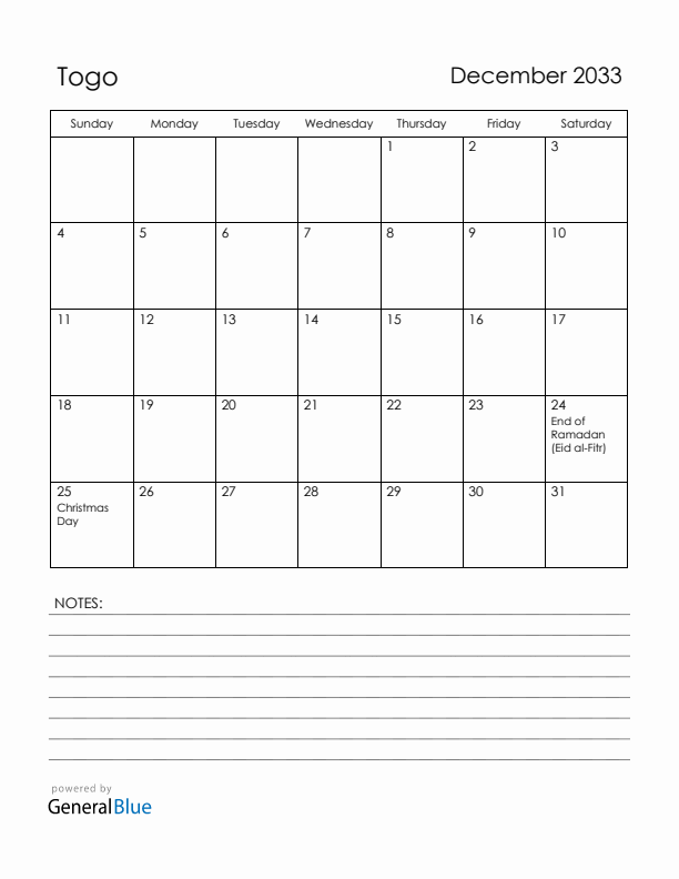December 2033 Togo Calendar with Holidays (Sunday Start)