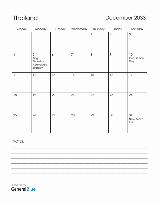 December 2033 Thailand Calendar with Holidays (Sunday Start)