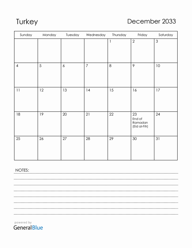 December 2033 Turkey Calendar with Holidays (Sunday Start)