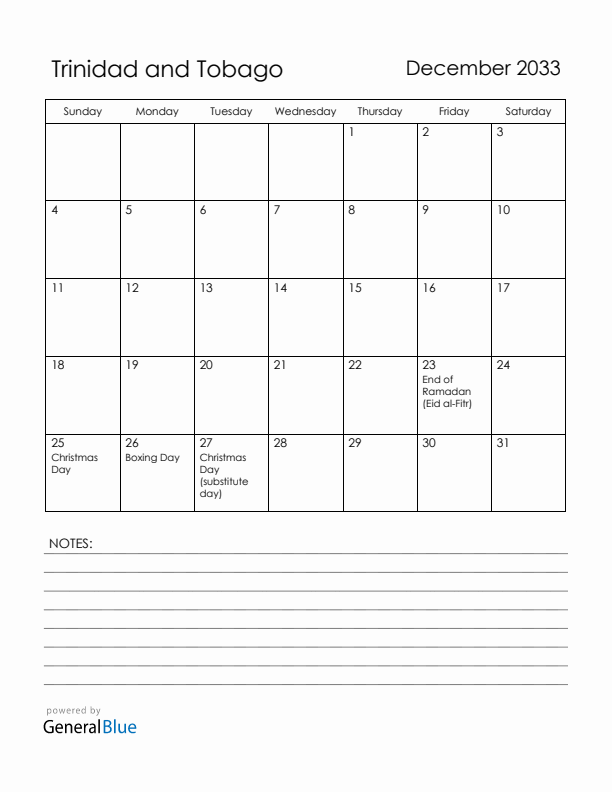 December 2033 Trinidad and Tobago Calendar with Holidays (Sunday Start)
