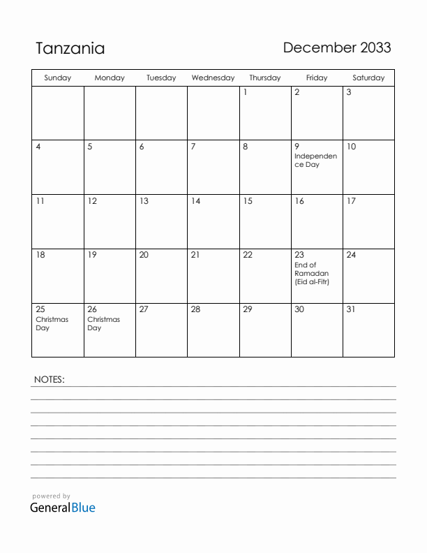 December 2033 Tanzania Calendar with Holidays (Sunday Start)