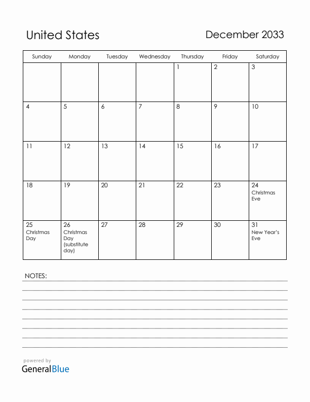 December 2033 United States Calendar with Holidays (Sunday Start)