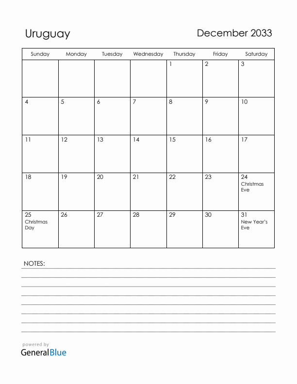 December 2033 Uruguay Calendar with Holidays (Sunday Start)