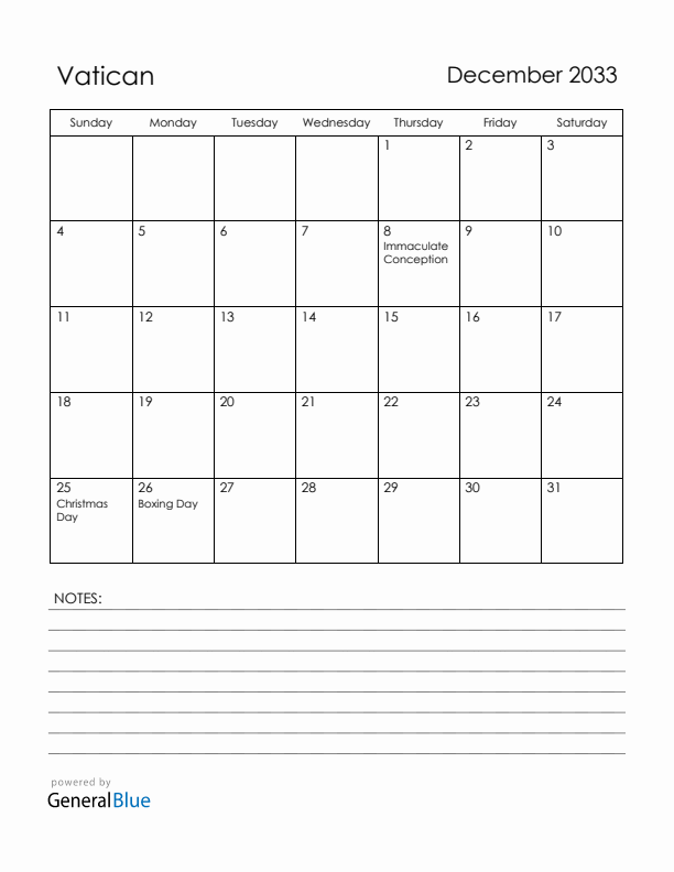 December 2033 Vatican Calendar with Holidays (Sunday Start)