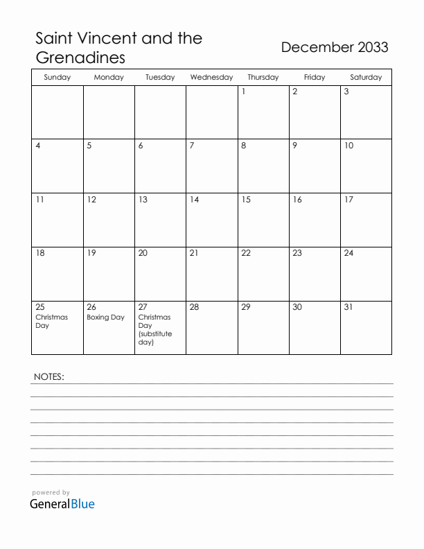 December 2033 Saint Vincent and the Grenadines Calendar with Holidays (Sunday Start)