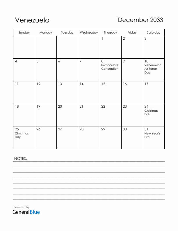 December 2033 Venezuela Calendar with Holidays (Sunday Start)
