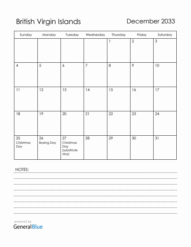 December 2033 British Virgin Islands Calendar with Holidays (Sunday Start)