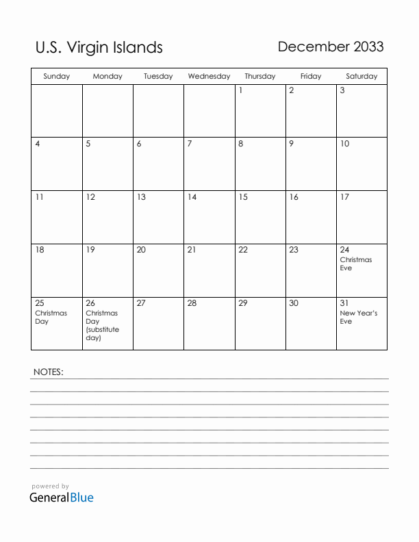 December 2033 U.S. Virgin Islands Calendar with Holidays (Sunday Start)