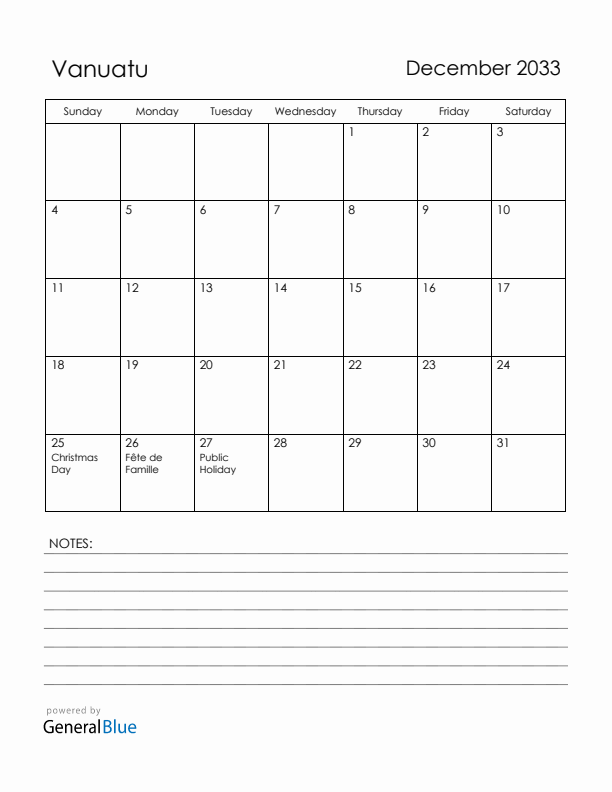 December 2033 Vanuatu Calendar with Holidays (Sunday Start)