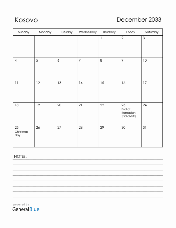 December 2033 Kosovo Calendar with Holidays (Sunday Start)