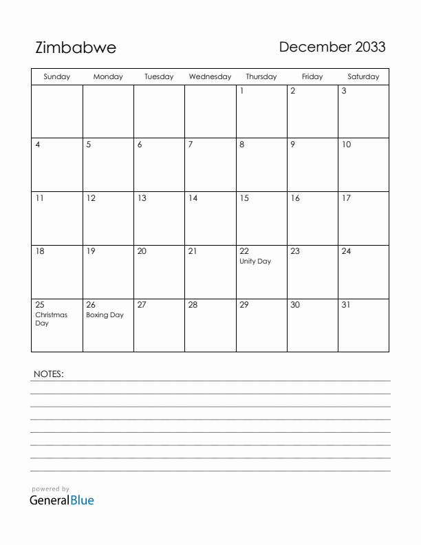 December 2033 Zimbabwe Calendar with Holidays (Sunday Start)