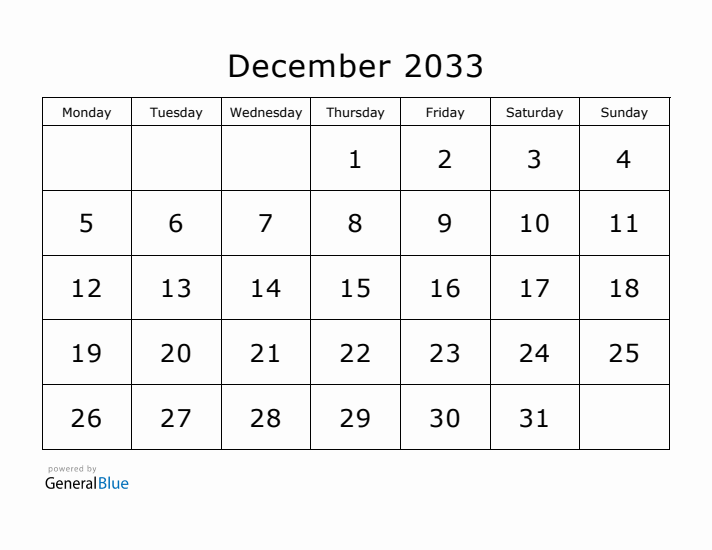 Printable December 2033 Calendar - Monday Start
